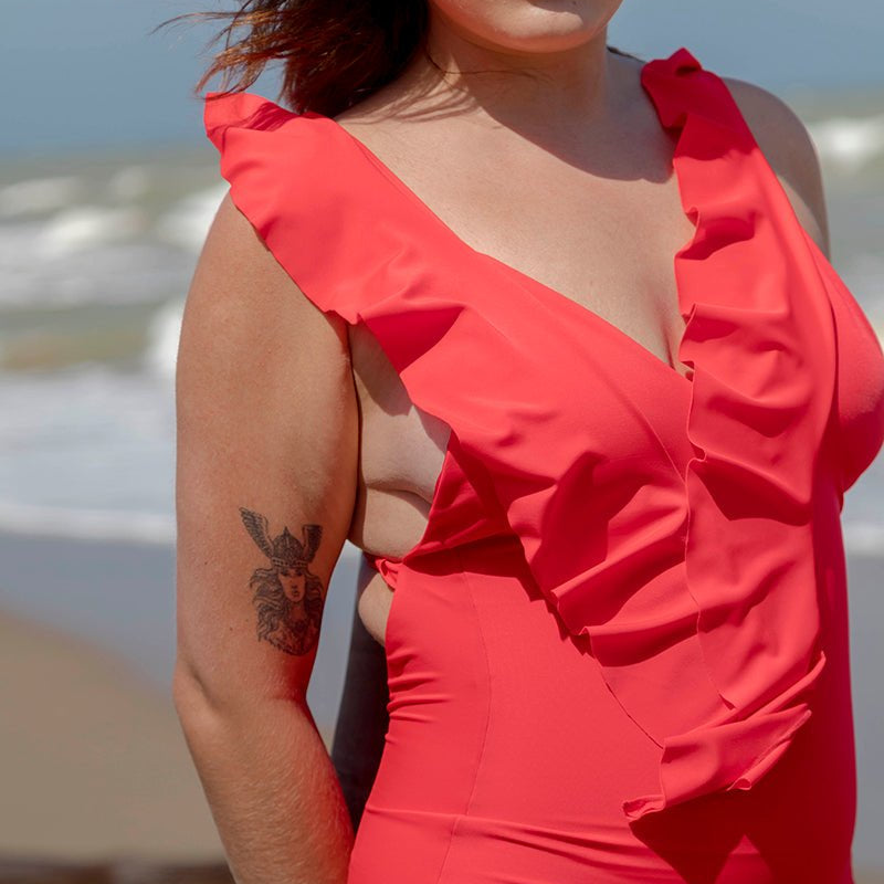 Red Ruffle One Piece Swimsuit in Red - EVAMAIA