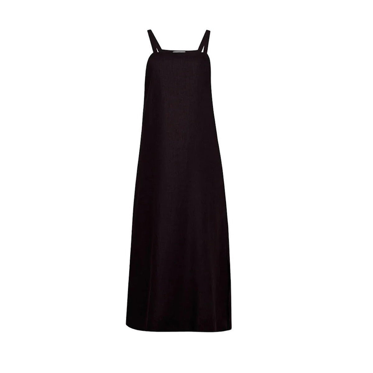 Image of a black dress on a white background. The dress has spaghetti straps. The purpose of this image is to highlight the dress, which is for sale at EVAMAIA boutique in Studio City, CA and online.