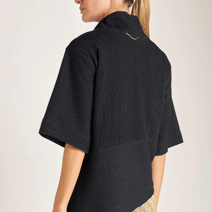 Ribbed Asymmetric Stand-up Collar Sweater - EVAMAIA