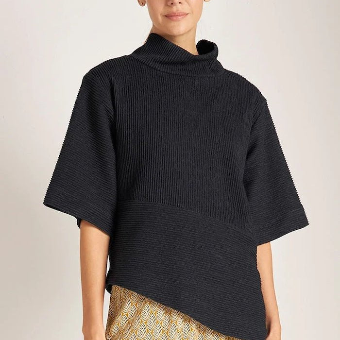 Ribbed Asymmetric Stand-up Collar Sweater - EVAMAIA