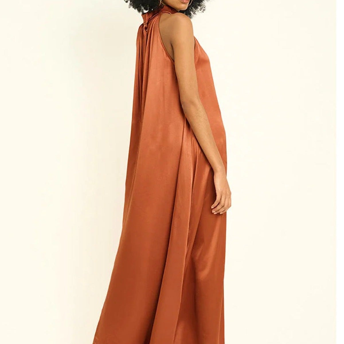 Satined Halter Dress with Back Button Detail - EVAMAIA
