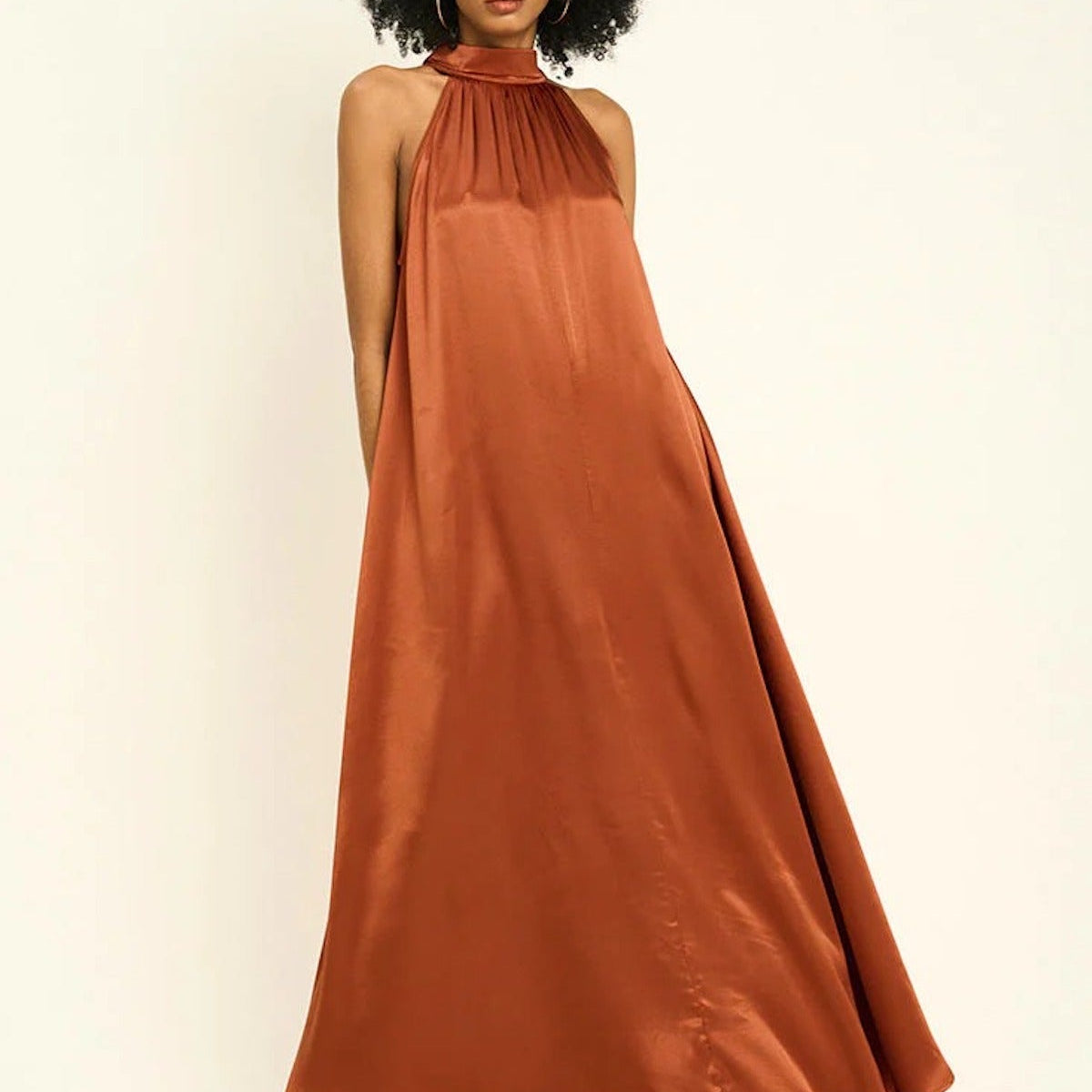 Satined Halter Dress with Back Button Detail - EVAMAIA