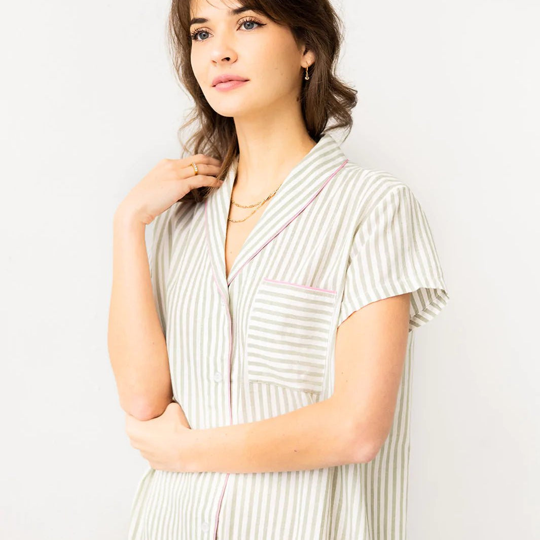 Shawl Collar Striped Boyfriend Shirt in Lino - EVAMAIA