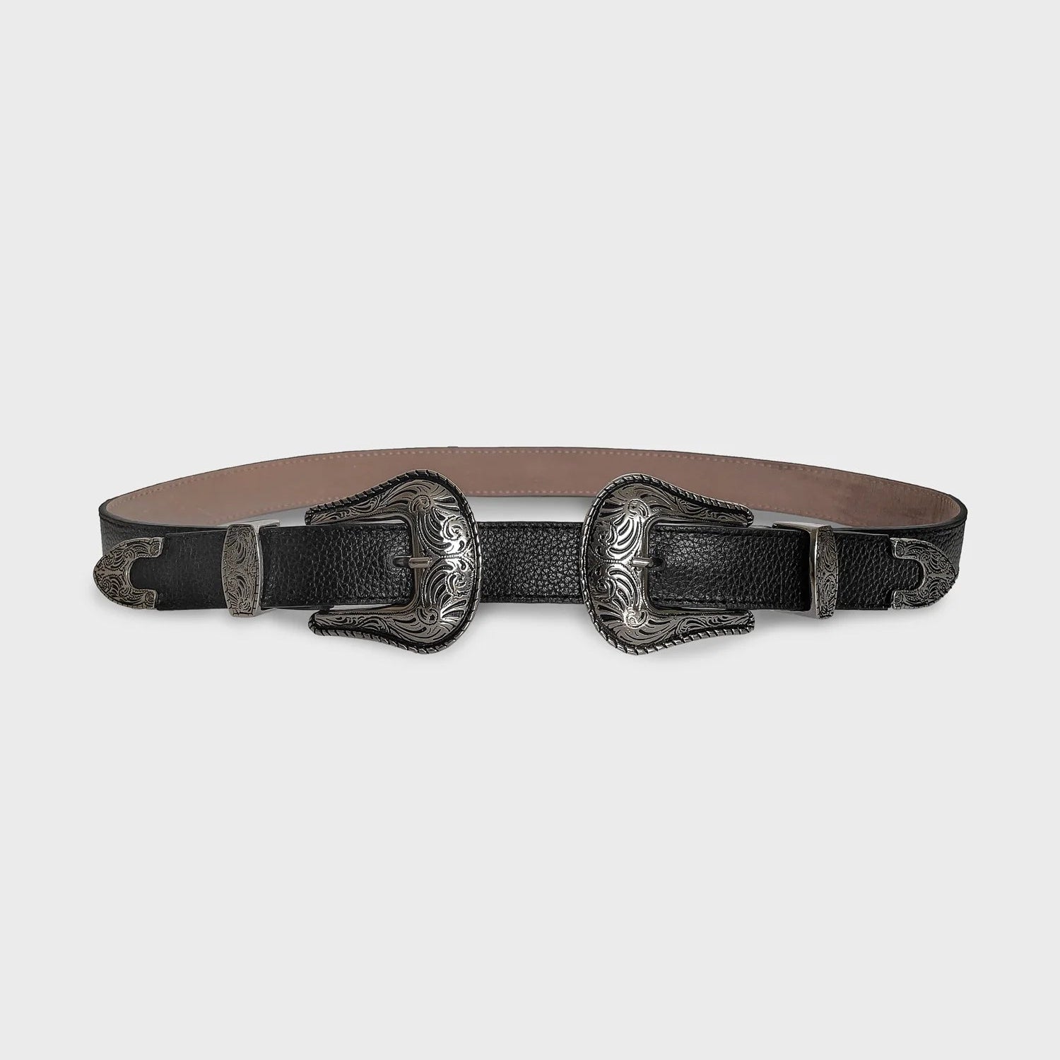 Tatacoa Leather Belt by Plissé. This belt features two buckles with a Western floral detail. Made of 100% Leather. Belt is shown on a plain white background.