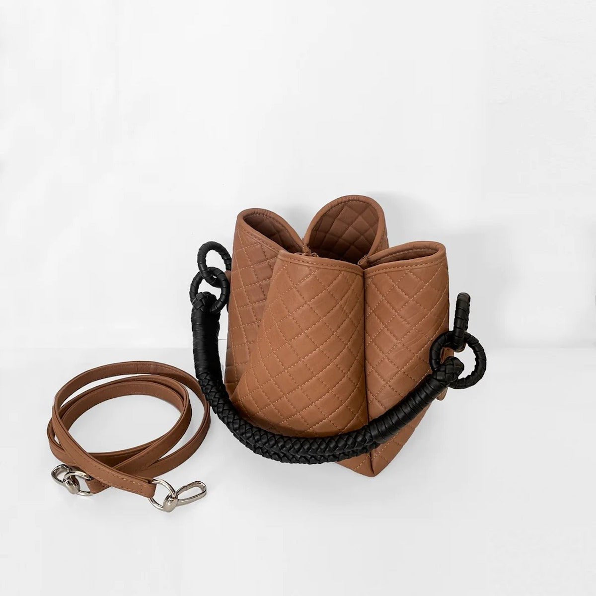 Tulip Bucket Bag in Camel & Black - EVAMAIA