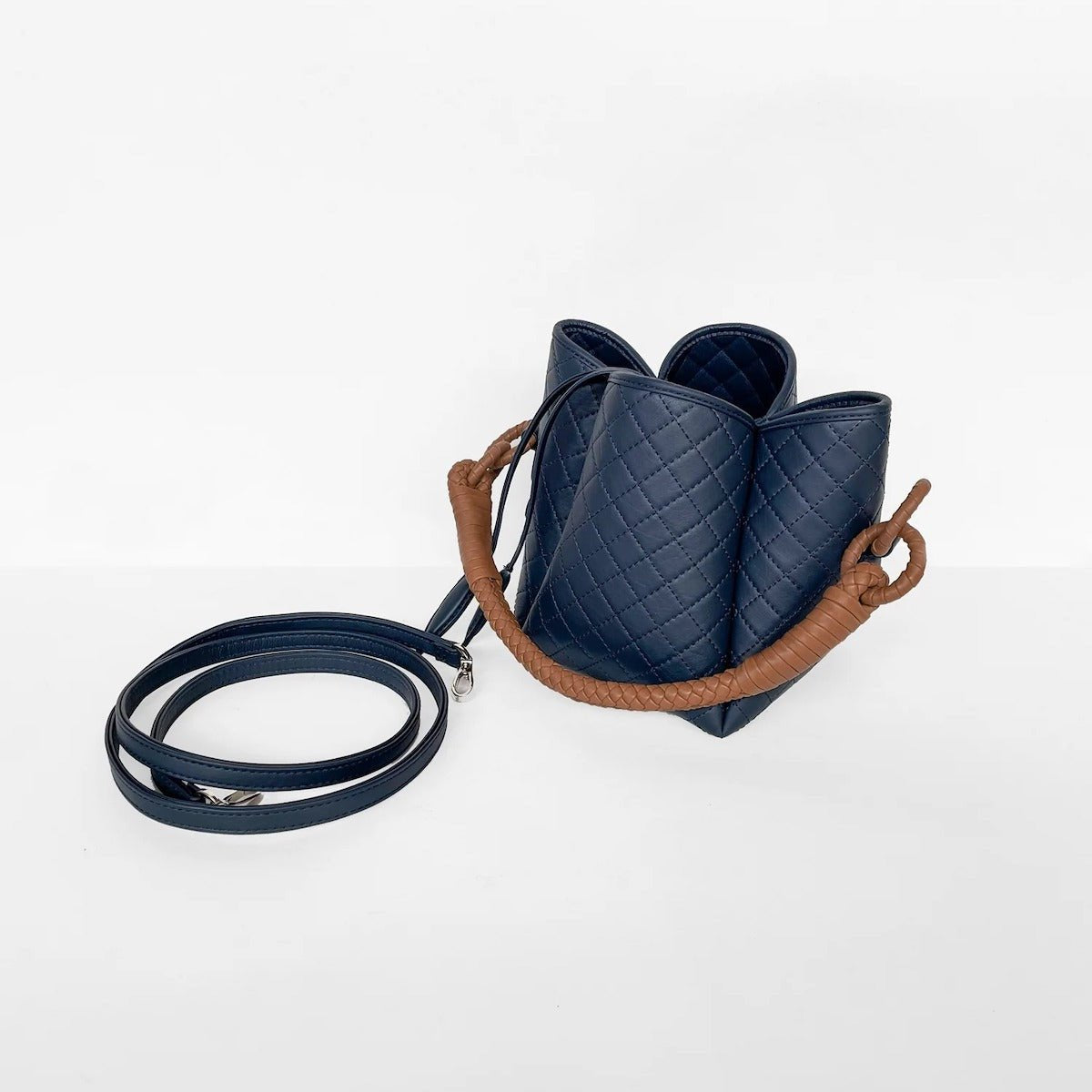 Tulip Bucket Bag in Navy & Camel - EVAMAIA