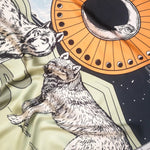 Close up of wolves on Zodiac Moon Scarf by Plissé.