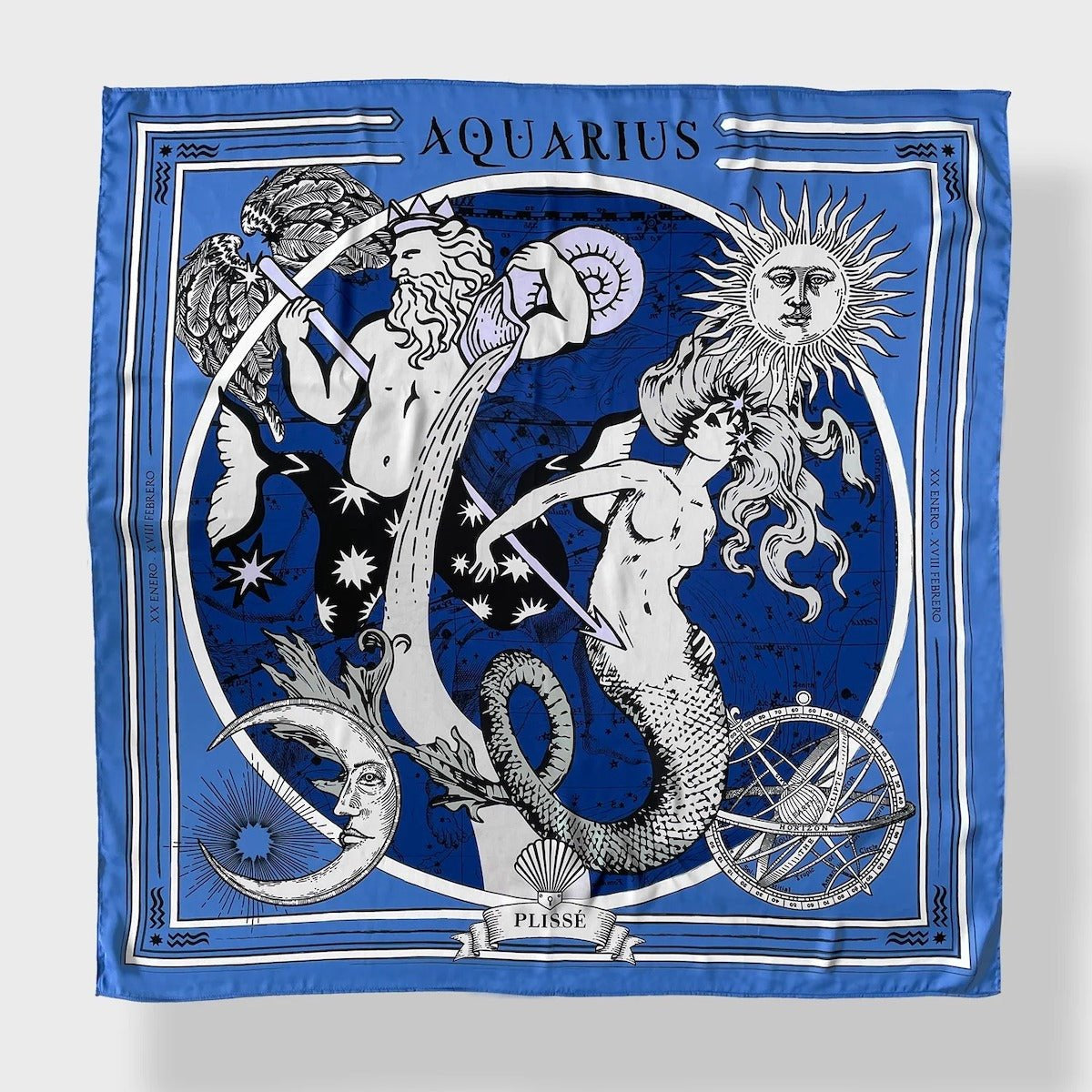 Zodiac Scarf for Aquarius by Plissé. Image of water bearer, mermaid, sun, moon, and the eliptic. The blue scarf is pictured on a white background.