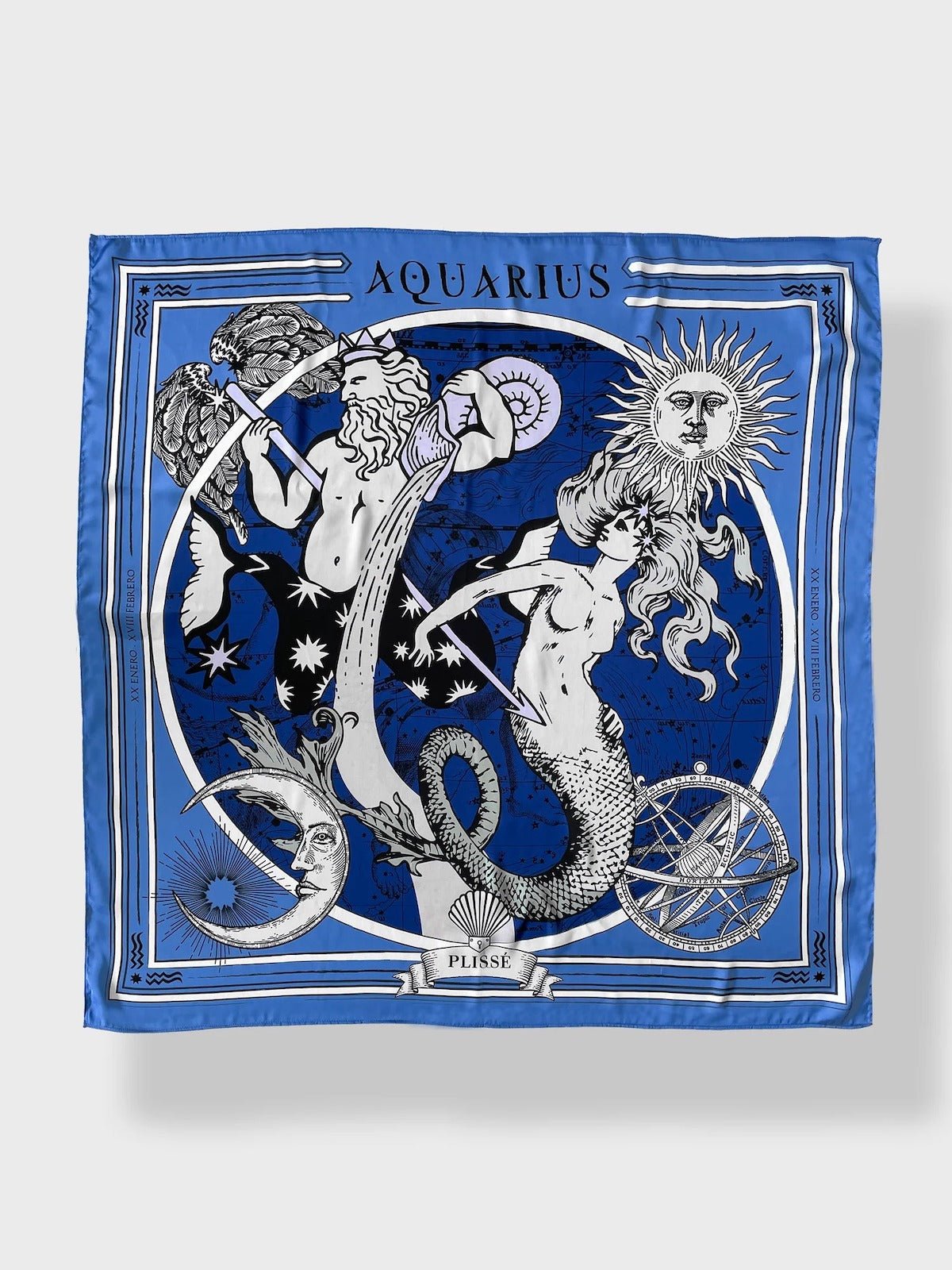 Zodiac Scarf for Aquarius by Plissé. Image of water bearer, mermaid, sun, moon, and the eliptic. The blue scarf is pictured on a white background.
