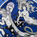 Close up of the water bearer and mermaid on the Zodiac Scarf for Aquarius by Plissé.