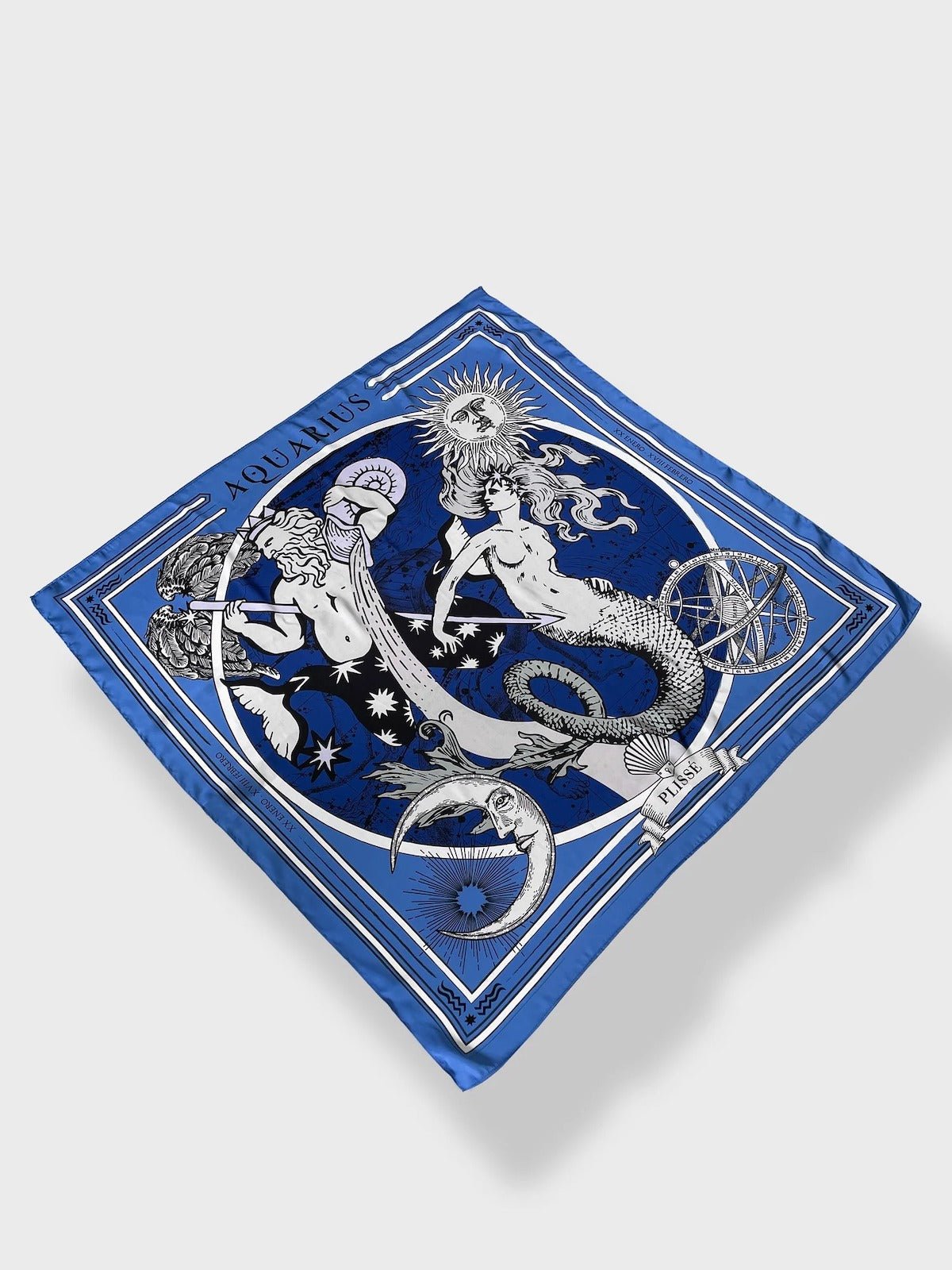 Zodiac Scarf for Aquarius by Plissé. Image of water bearer, mermaid, sun, moon, and the eliptic. The blue scarf is floating on a white background.