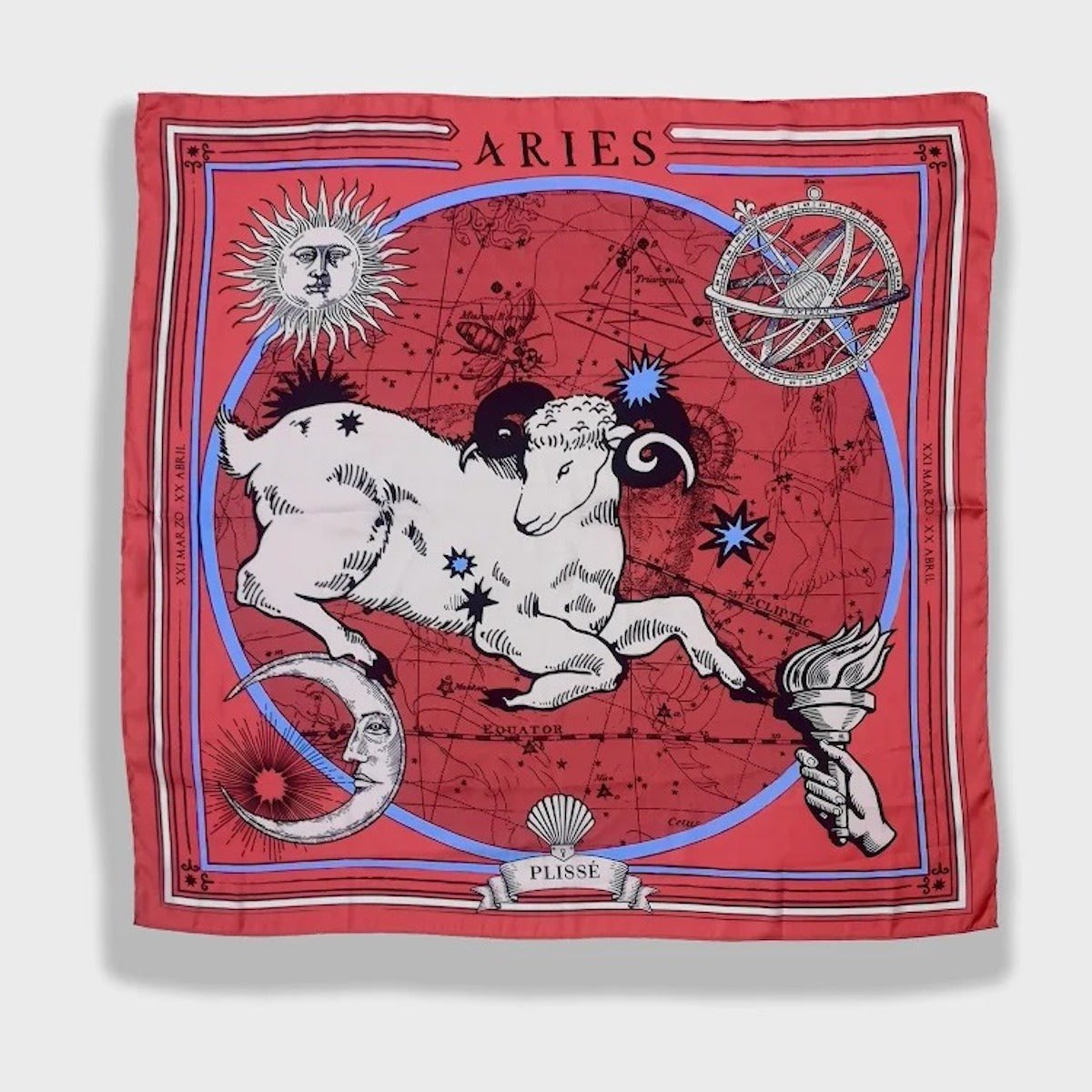 Zodiac Scarf for Aries by Plissé. Red scarf with image of a Ram, sun and moon details, hand holding torch, all on astrological background. Scarf pictured on a white background.