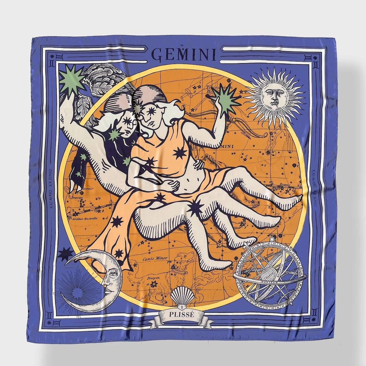 Zodiac Scarf for Gemini made by Plisse. Gorgeous image of twins holding stars on a blue background.