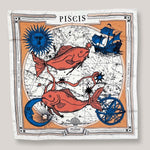 Zodiac Scarf for Pisces made by Plissé. Image of  two fish swimming in opposite directions. It is on top of a astrological background. Details of a dark blue ecliptic, sun, moon, and a boat. The scarf is a white with orange and blue details displayed on top of a plain white background.
