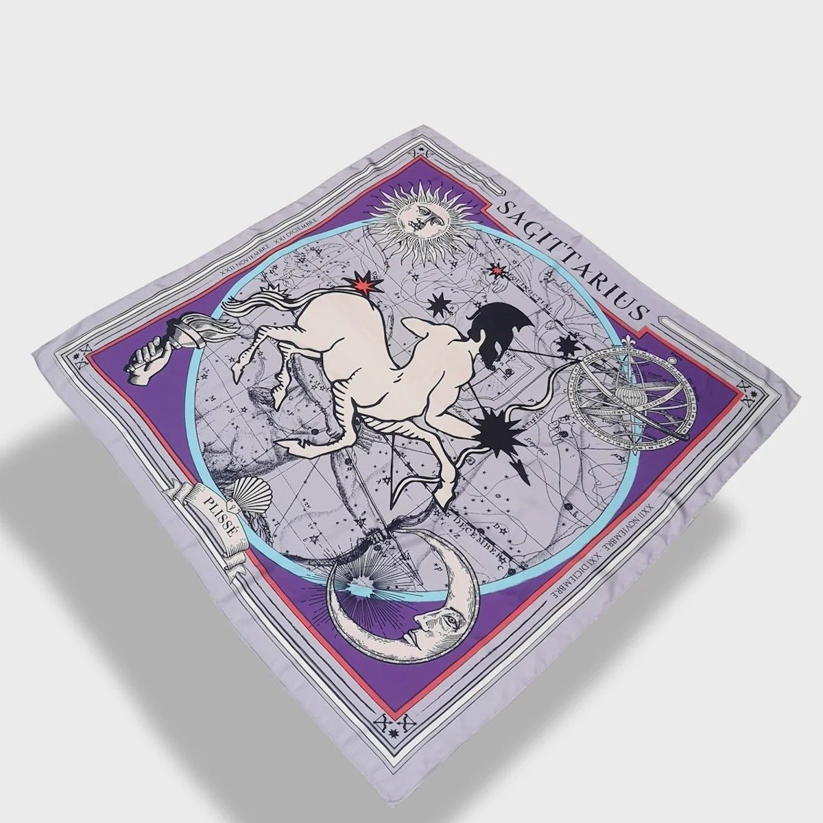 Zodiac Scarf for Sagittarius. Image of Archer, Sun, Moon, and astrological background with deep purple tones. Scarf floating on plain white background.