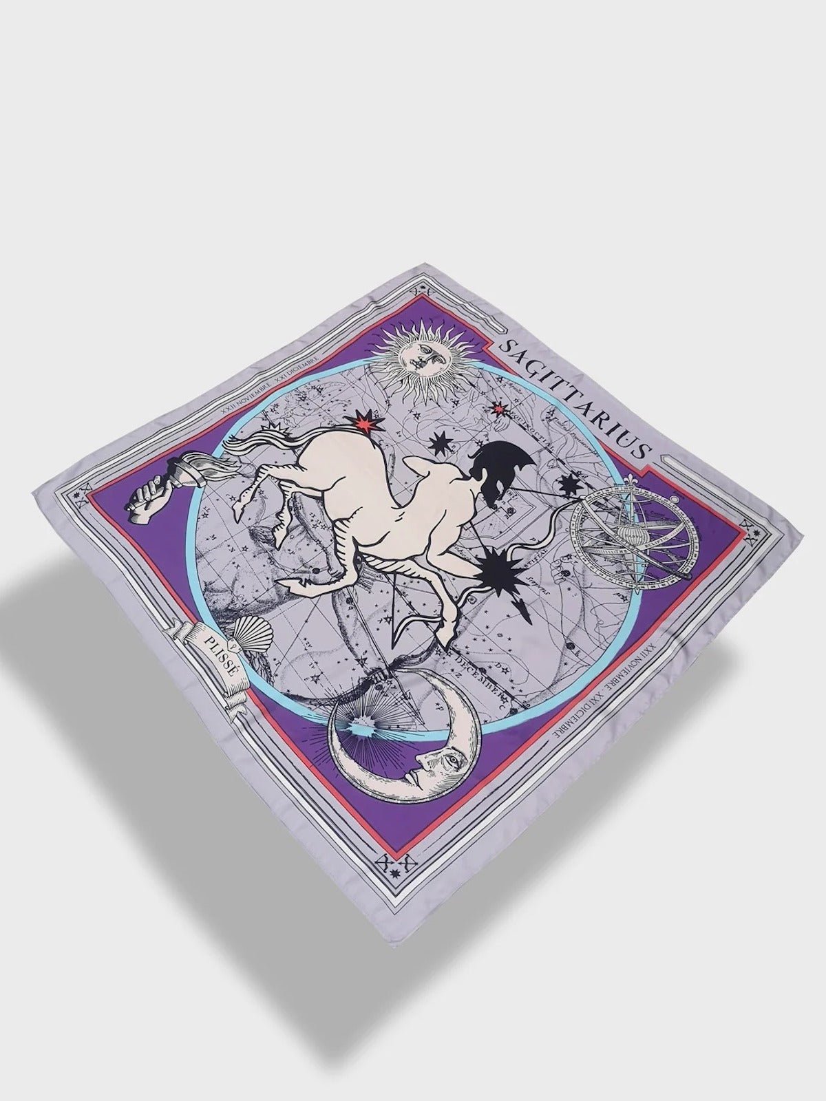 Zodiac Scarf for Sagittarius. Image of Archer, Sun, Moon, and astrological background with deep purple tones. Scarf floating on plain white background.