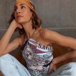 Woman wearing Zodiac Scarf for Sagittarius as top