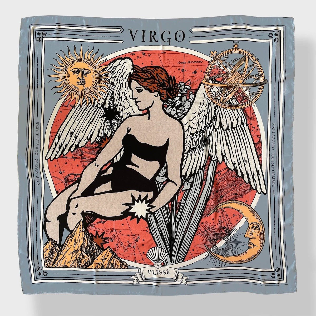Zodiac Scarf for Virgo made by Plissé. Image of maiden with angel wings. She is on top of a red astrological background. Details of an ecliptic, sun, moon, and mountain range. The scarf is a soft greyish blue color displayed on top of a plain white background.