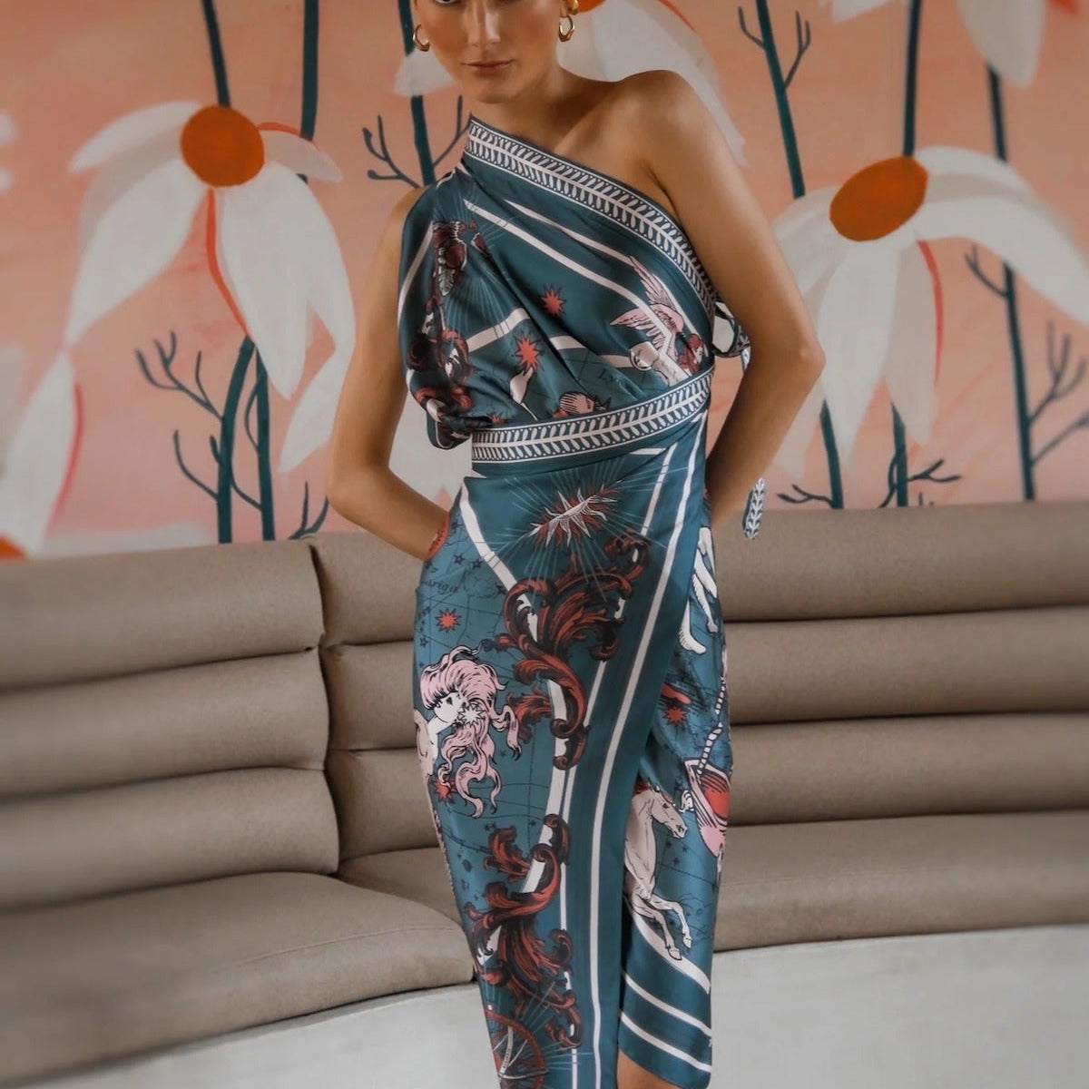 Woman modeling Air Zodiac Wrap Dress with arms crossed in the back